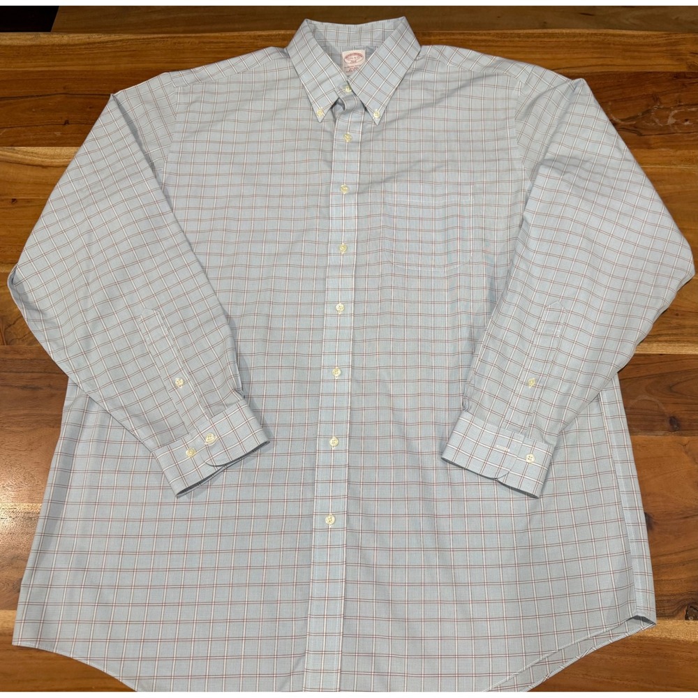 Brooks Brothers 346 Mens 17.5 36/37 Non-Iron Cotton Tattersall Shirt Blue Red
